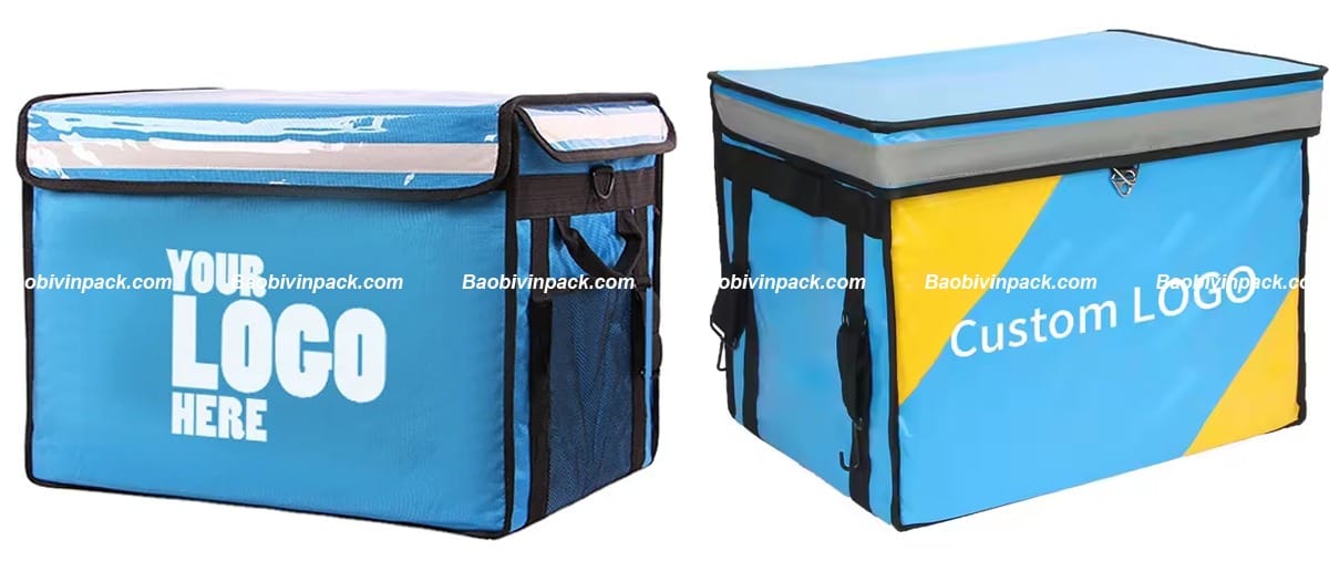 Thiết kế hộp đứng chắc chắn, quai xách và dây đeo tiện lợi cho shipper di chuyển.