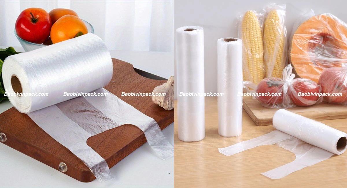Mẫu túi cuộn thực phẩm có quai tự hủy trắng trong