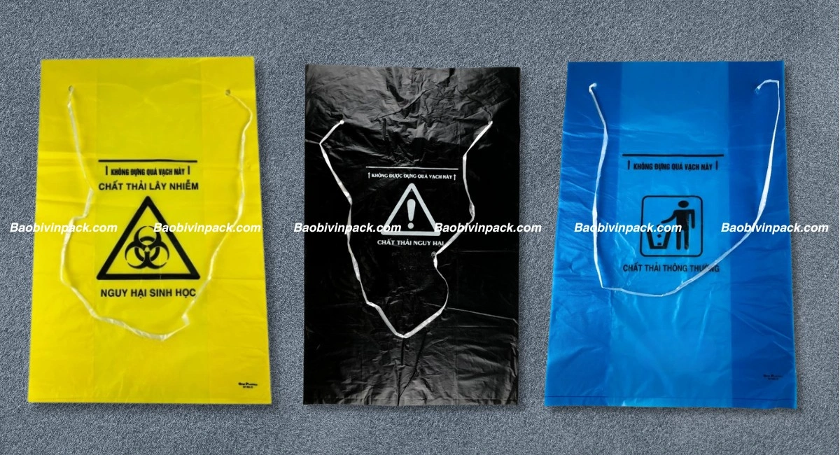 Mẫu túi rác tự hủy y tế dây rút